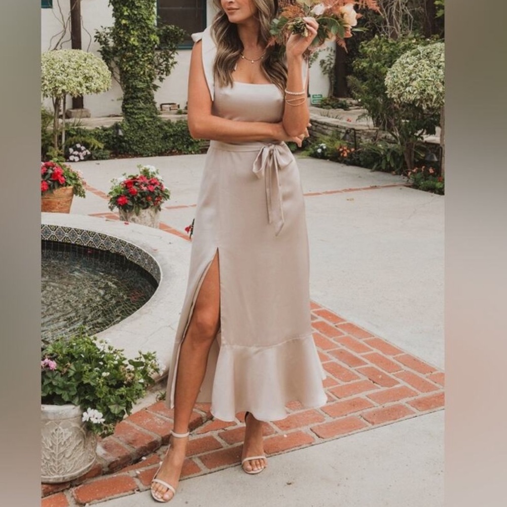 Show Me Your Mumu Claire Midi Dress Show Me The Ring Luxe Satin Champagne